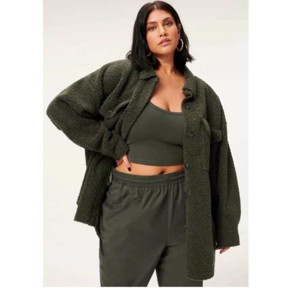 GOOD AMERICAN Relaxed Fit Dark Gray/green Sherpa Shacket plus size 4x/5x NWT - Picture 1 of 7